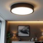 A photograph of a stylish flushmount ceiling light installed in a modern living space