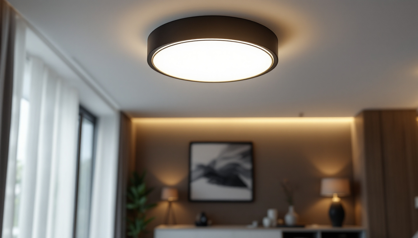 A photograph of a stylish flushmount ceiling light installed in a modern living space