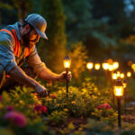 A photograph of a lighting contractor installing solar garden lights in a lush outdoor setting
