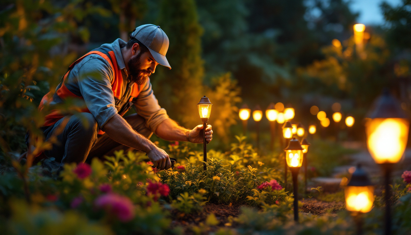 A photograph of a lighting contractor installing solar garden lights in a lush outdoor setting