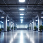 A photograph of a modern lighting installation in a commercial or industrial space