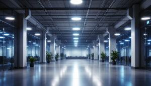 A photograph of a modern lighting installation in a commercial or industrial space