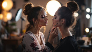 A photograph of a makeup artist applying cosmetics in a well-lit studio