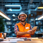 A photograph of a lighting contractor comparing led and fluorescent tubes side by side in a well-lit workspace