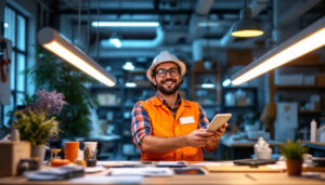 A photograph of a lighting contractor comparing led and fluorescent tubes side by side in a well-lit workspace