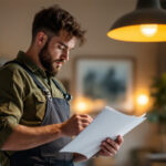 A photograph of a lighting contractor in action