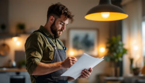 A photograph of a lighting contractor in action