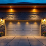 A photograph of a beautifully illuminated outside garage door at dusk