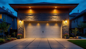 A photograph of a beautifully illuminated outside garage door at dusk
