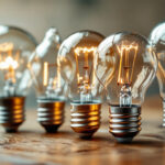 A photograph of a close-up of various light bulb base types arranged aesthetically on a wooden surface