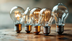 A photograph of a close-up of various light bulb base types arranged aesthetically on a wooden surface