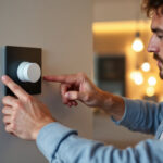 A photograph of a lighting contractor expertly installing a high-quality dimmer switch in a modern home setting
