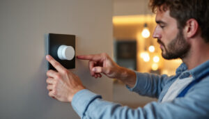 A photograph of a lighting contractor expertly installing a high-quality dimmer switch in a modern home setting