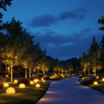 A photograph of a beautifully illuminated outdoor space featuring landscape led lighting