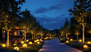 A photograph of a beautifully illuminated outdoor space featuring landscape led lighting
