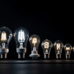 A photograph of a variety of light bulbs with different base sizes displayed alongside their compatible fixtures