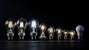 A photograph of a variety of light bulbs with different base sizes displayed alongside their compatible fixtures