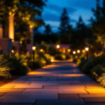 A photograph of a beautifully designed outdoor pathway illuminated by led solar lights at dusk
