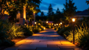 A photograph of a beautifully designed outdoor pathway illuminated by led solar lights at dusk