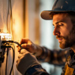 A photograph of a lighting contractor working on a 3-way electrical switch installation