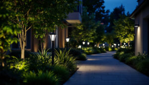 A photograph of a well-lit outdoor space featuring various led fixtures