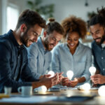 A photograph of a diverse team of professionals engaged in a hands-on training session