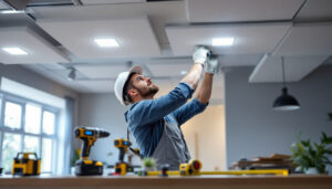 A photograph of a lighting contractor skillfully installing modern drop ceiling panels with integrated lighting fixtures
