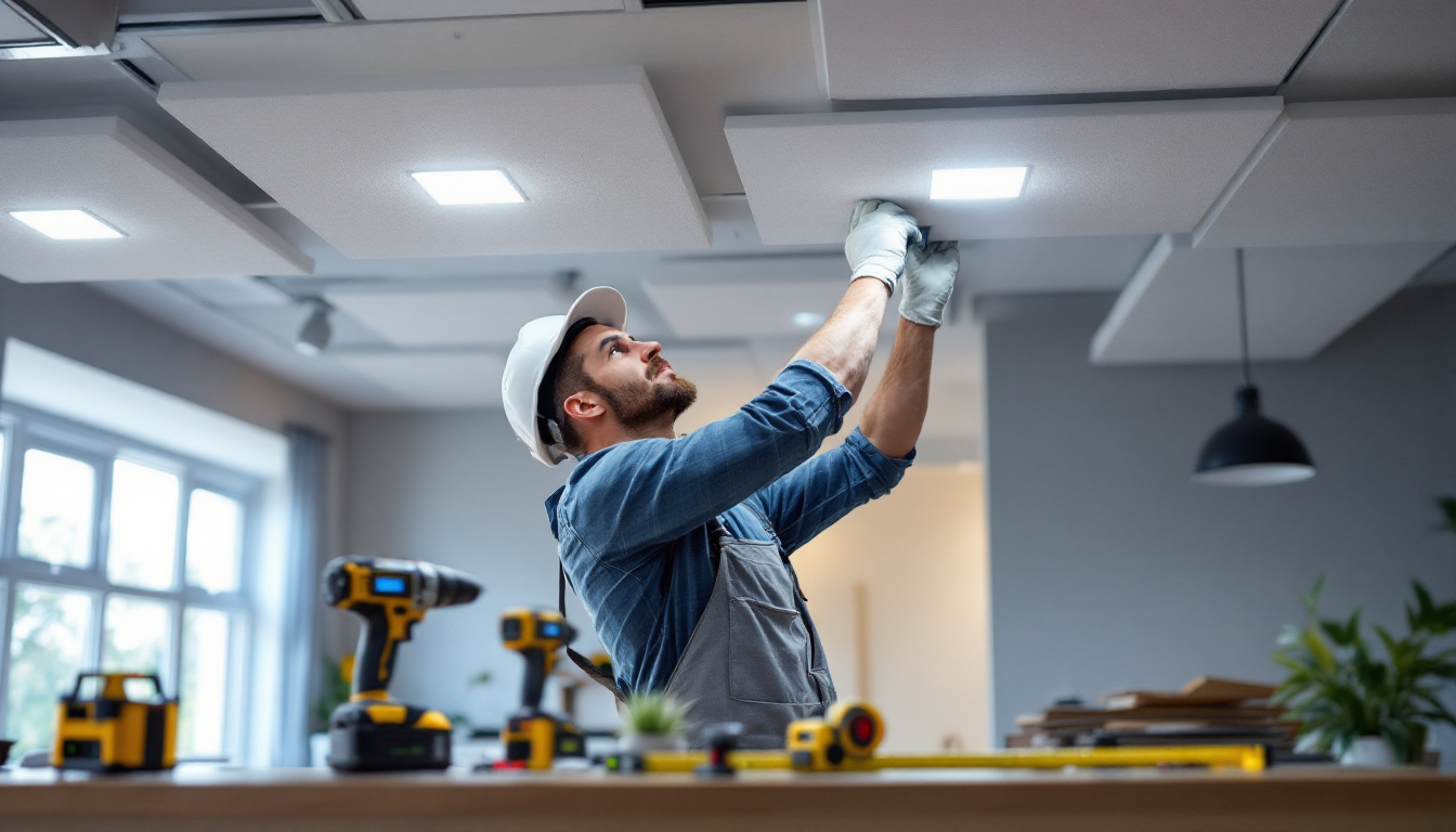 A photograph of a lighting contractor skillfully installing modern drop ceiling panels with integrated lighting fixtures