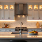 A photograph of a beautifully designed kitchen showcasing elegant above-cabinet lighting