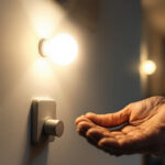 A photograph of a lighting contractor demonstrating the installation of dimmable led lights in a modern home setting