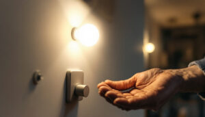 A photograph of a lighting contractor demonstrating the installation of dimmable led lights in a modern home setting