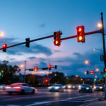 A photograph of a busy intersection at dusk