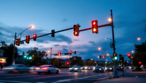 A photograph of a busy intersection at dusk