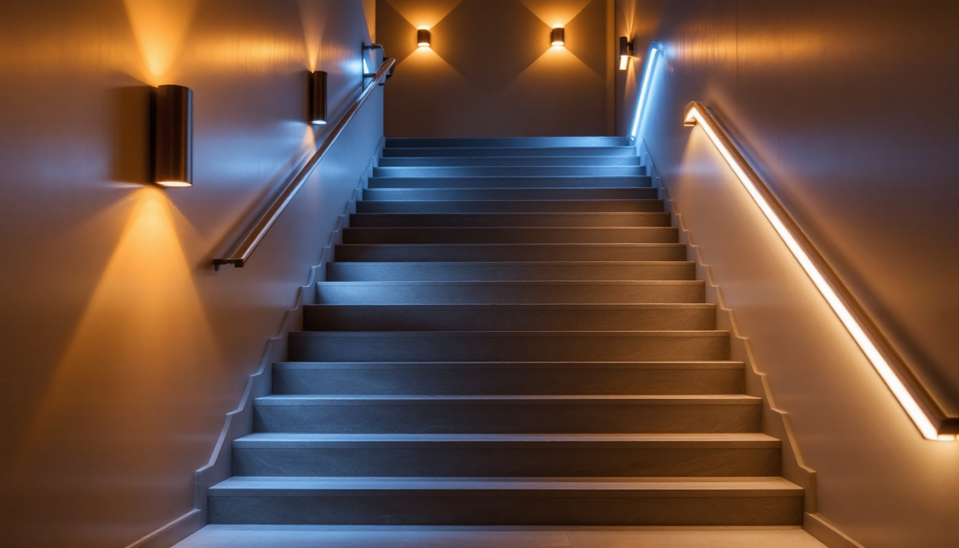 A photograph of a beautifully illuminated staircase showcasing various lighting options
