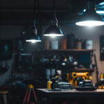 A photograph of a well-lit garage showcasing overhead lights in action