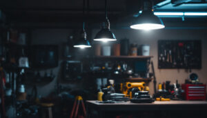 A photograph of a well-lit garage showcasing overhead lights in action