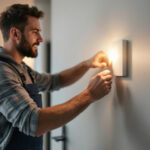 A photograph of a lighting contractor expertly installing a dimmer switch in a modern home setting