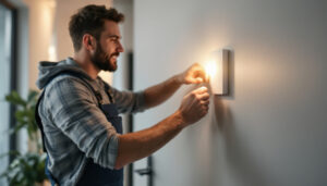 A photograph of a lighting contractor expertly installing a dimmer switch in a modern home setting