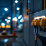 A photograph of a well-organized outdoor electrical box with multiple plugs
