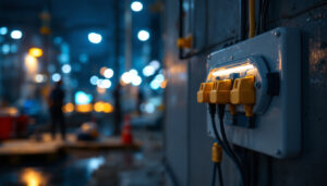 A photograph of a well-organized outdoor electrical box with multiple plugs