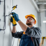 A photograph of a skilled lighting contractor expertly extending an outlet box in a well-lit