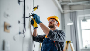 A photograph of a skilled lighting contractor expertly extending an outlet box in a well-lit