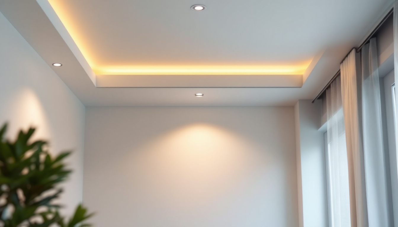 A photograph of a well-lit room featuring stylish recessed can lights installed in a modern ceiling