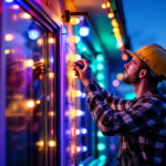 A photograph of a skilled lighting contractor installing vibrant led lights on an exterior facade