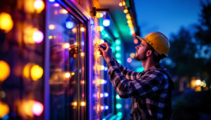 A photograph of a skilled lighting contractor installing vibrant led lights on an exterior facade