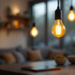 A photograph of a well-lit a19 bulb in a modern lighting fixture