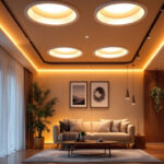 A photograph of a stylishly designed room featuring recessed lighting