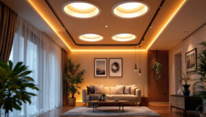 A photograph of a stylishly designed room featuring recessed lighting