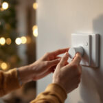 A photograph of a lighting contractor adjusting a 0-10v dimmer switch in a well-lit residential or commercial setting