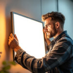 A photograph of a lighting contractor carefully installing a sleek led light panel in a modern workspace